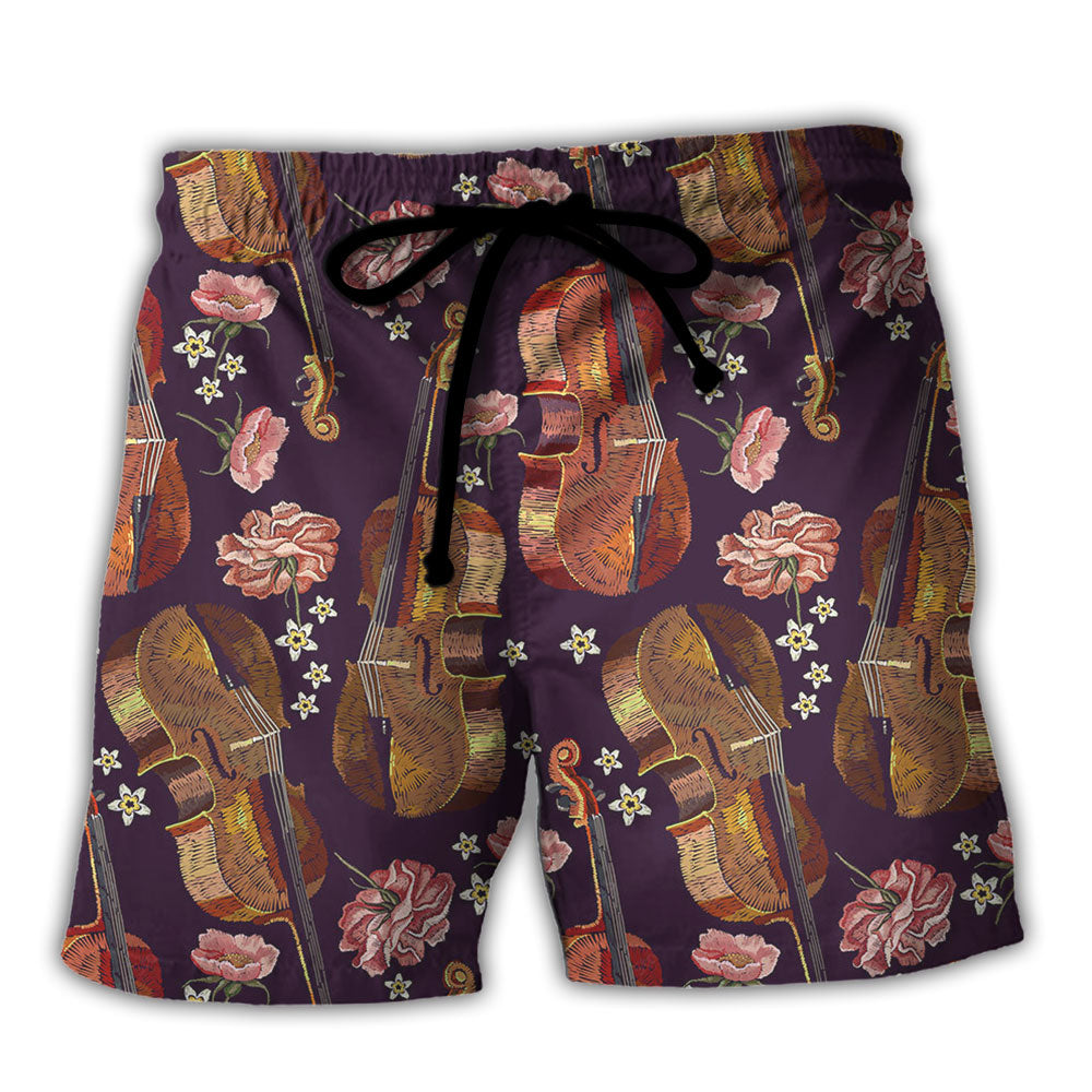 Violin Music Lover Floral Theme Beach Shorts For Beach Days And Casual Style