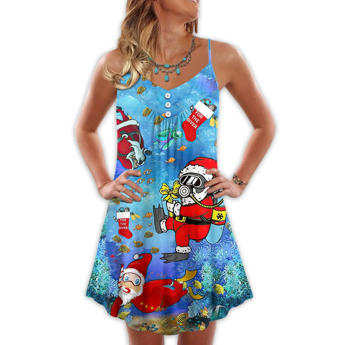 Christmas Santa Diving Funny V-Neck Sleeveless Cami Dress For Festive Events And Casual Summer Styling