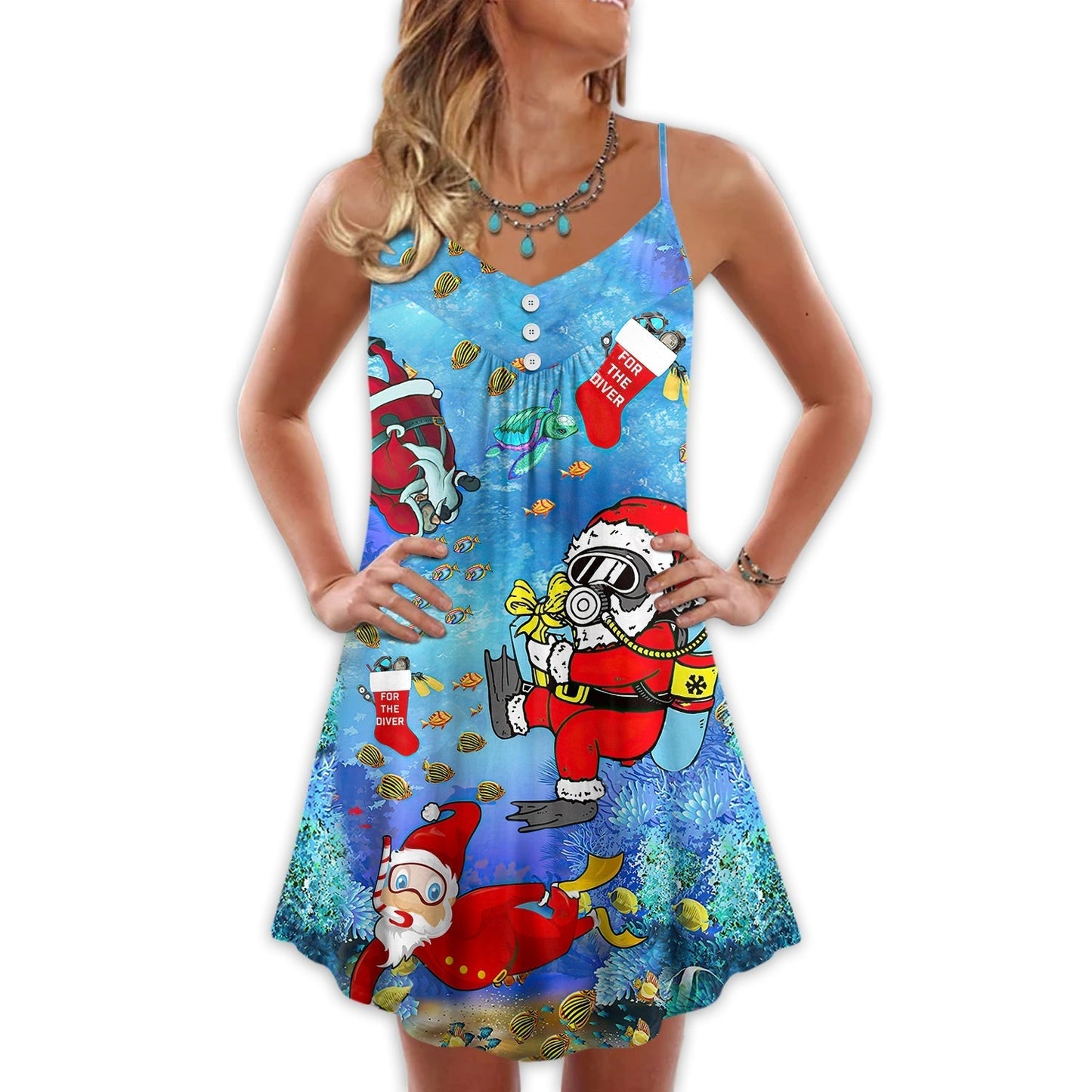 Christmas Santa Diving Funny V-Neck Sleeveless Cami Dress For Festive Events And Casual Summer Styling