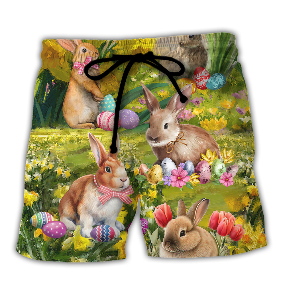 Easter Rabbit Relaxing In Flower Landscape Art Beach Shorts For Poolside Relaxation And Style