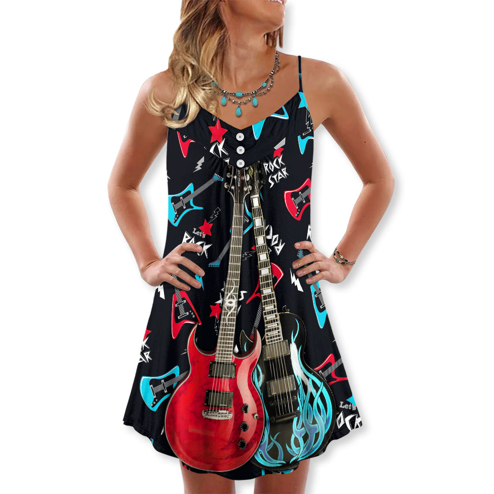 Guitar All I Need Is Music V-Neck Sleeveless Cami Dress For Festivals Travel And Relaxed Casual Summer Wear