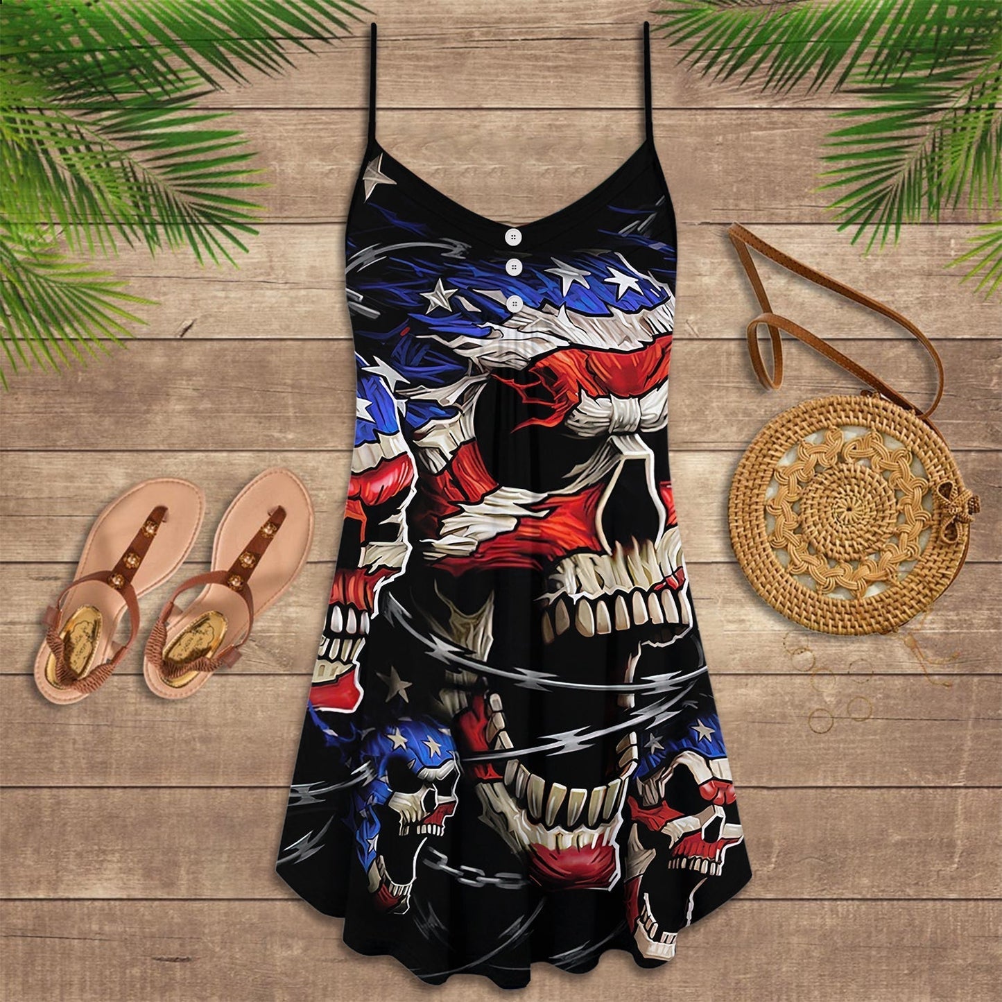 Skull Love America Forever V-Neck Sleeveless Cami Dress For Alternative Festivals And Bold Summer Style