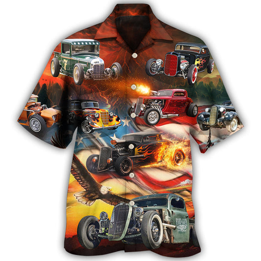 Patriotic American Hot Rod Flag Hawaiian Shirt All Over Print Detail For Warm Weather Events