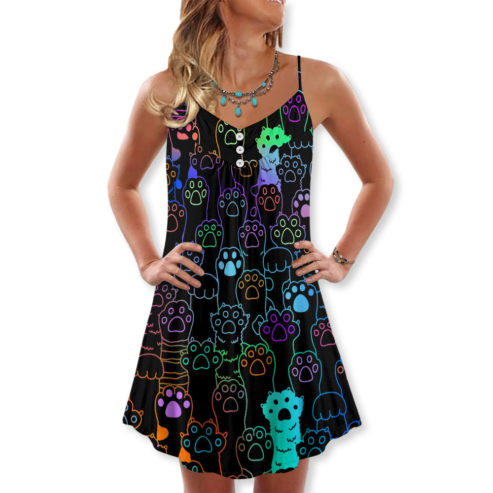 Cute Little Cat Paw Print V-Neck Sleeveless Cami Dress For Summer Vacations Festivals And Playful Casual Styling