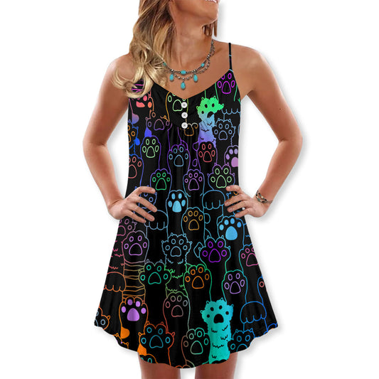 Cute Little Cat Paw Print V-Neck Sleeveless Cami Dress For Summer Vacations Festivals And Playful Casual Styling