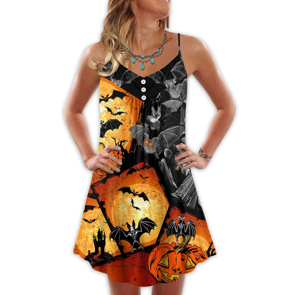 Halloween Bat Pumpkin Scary V-Neck Sleeveless Cami Dress For Costume Parties Festivals And Creative Casual Wear