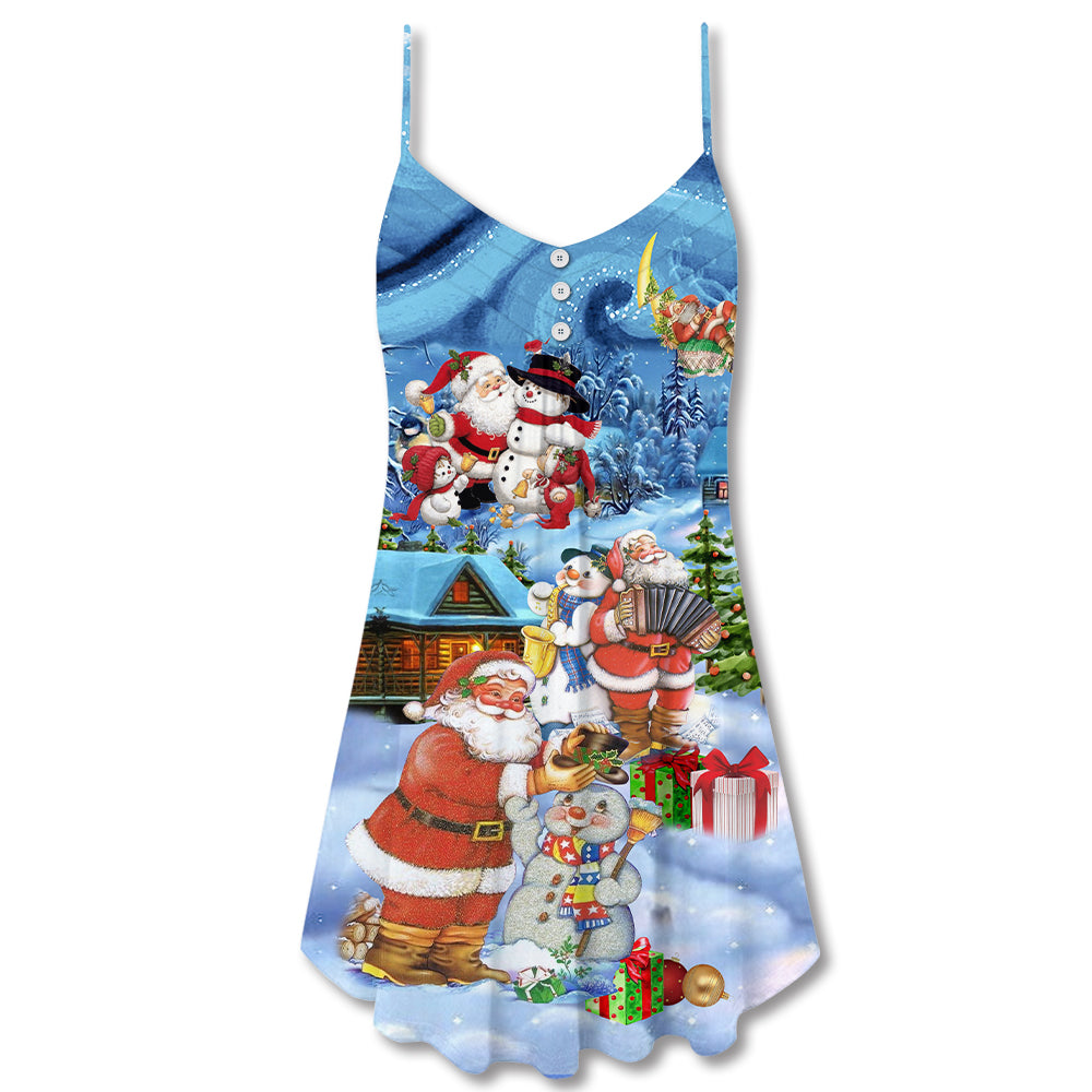 Christmas Santa And Snowman Friends V-Neck Sleeveless Cami Dress For Festive Events And Casual Summer Styling