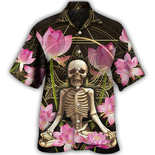 Skull Yoga Lotus Spiritual Energy Hawaiian Shirt For Resort Trips, Coastal Parties, And Warm Weather Style