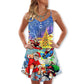 Skateboard Christmas Santa Jumping V-Neck Sleeveless Cami Dress For Summer Events And Comfortable Everyday Style
