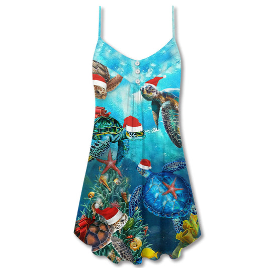 Christmas Turtle Love Ocean Theme V-Neck Sleeveless Cami Dress For Festive Events And Casual Summer Styling