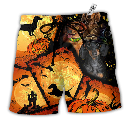 Halloween Dachshund Pumpkin Scary Hawaiian Print Beach Shorts For Coastal Trips And Outdoor Wear