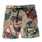 Vintage Tattoo Beach Shorts For Coastal Adventures, Island Trips, And Travel Ready Comfort
