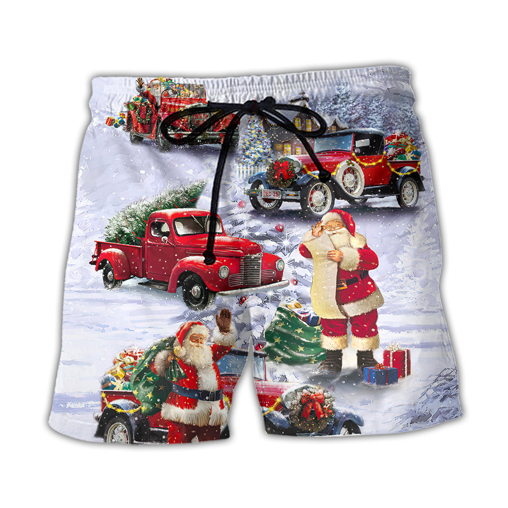 Christmas Red Santa Truck Beach Shorts For Summer Vacations And Everyday Comfort