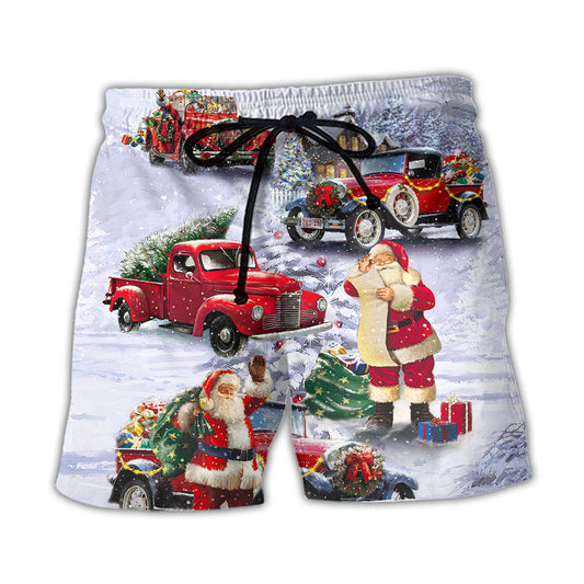 Christmas Red Santa Truck Beach Shorts For Summer Vacations And Everyday Comfort