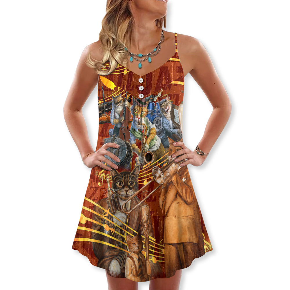 Jazz Lover Cat Style V-Neck Sleeveless Cami Dress For Music Lovers Travel And Expressive Summer Fashion