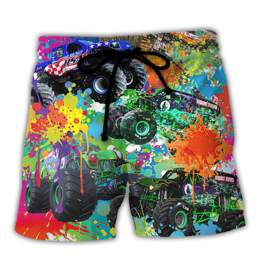 Monster Truck Colorful Art Beach Shorts For Weekend Getaways And Travel