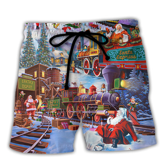 Christmas Holiday Santa Train Beach Shorts For Tropical Holidays And Laid Back Styling