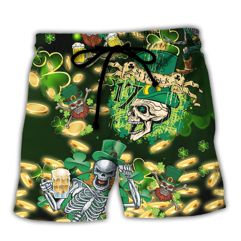 Green Irish Skull Beer Beach Shorts For Holiday Cruises And Comfortable Daily Use