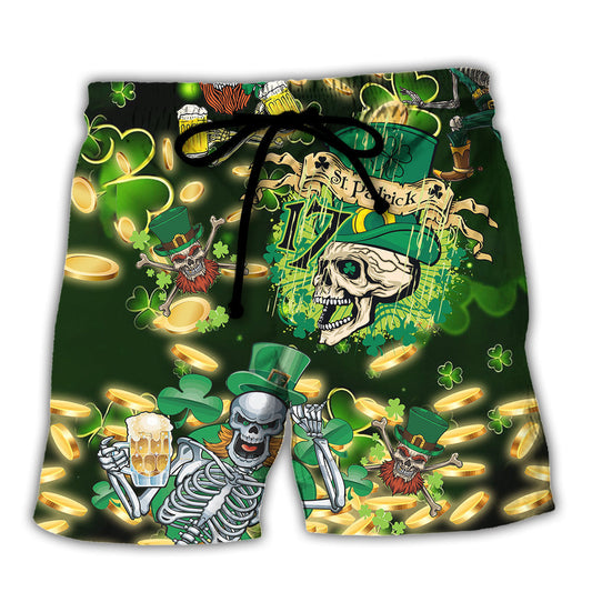 Green Irish Skull Beer Beach Shorts For Holiday Cruises And Comfortable Daily Use