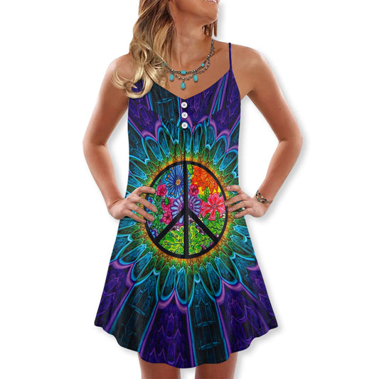 Hippie Peace Sign Lover V-Neck Sleeveless Cami Dress For Summer Getaways Parties And Expressive Hippie Style