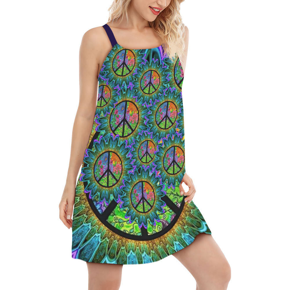 Hippie Peaceful Spirit Color V-Neck Sleeveless Cami Dress For Creative Events And Casual Warm Weather Wear