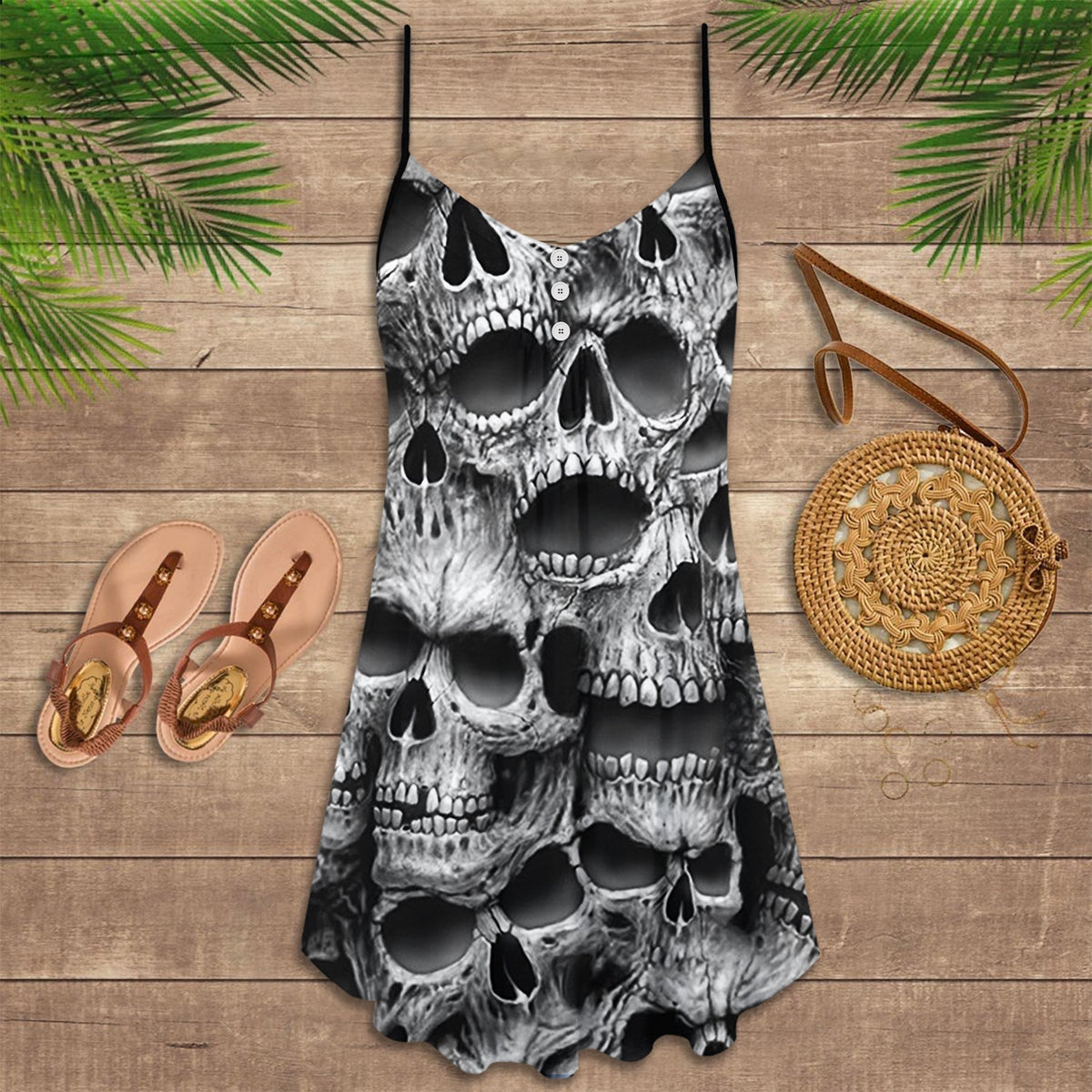 Skull No Fear No Pain V-Neck Sleeveless Cami Dress For Weekend Parties And Distinctive Outfits