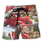 Christmas Red Truck Tree And Puppy Beach Shorts For Christmas Getaways