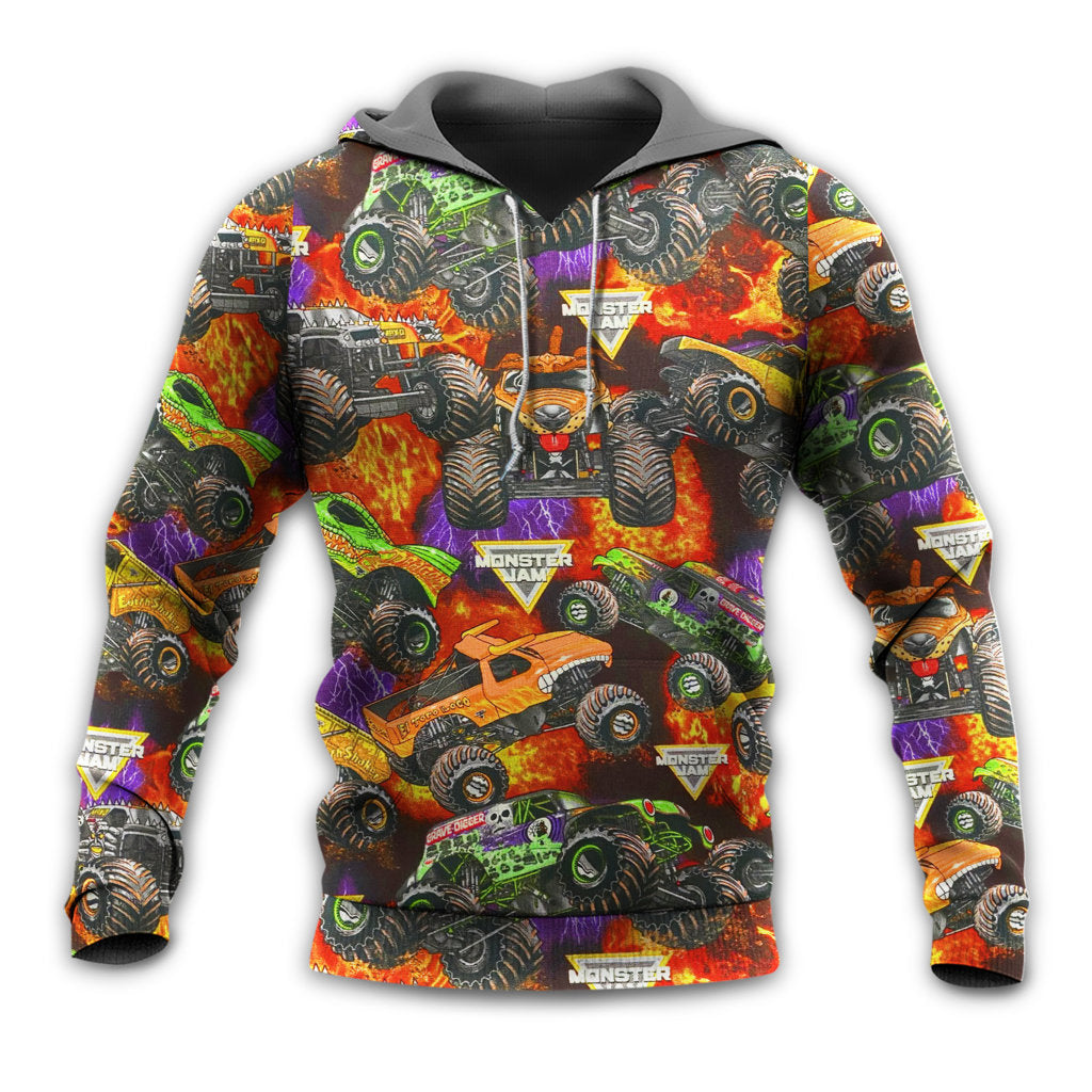 Monster Truck Packed Power Hoodie For Automotive Enthusiasts Road Trips And Casual Everyday Wear