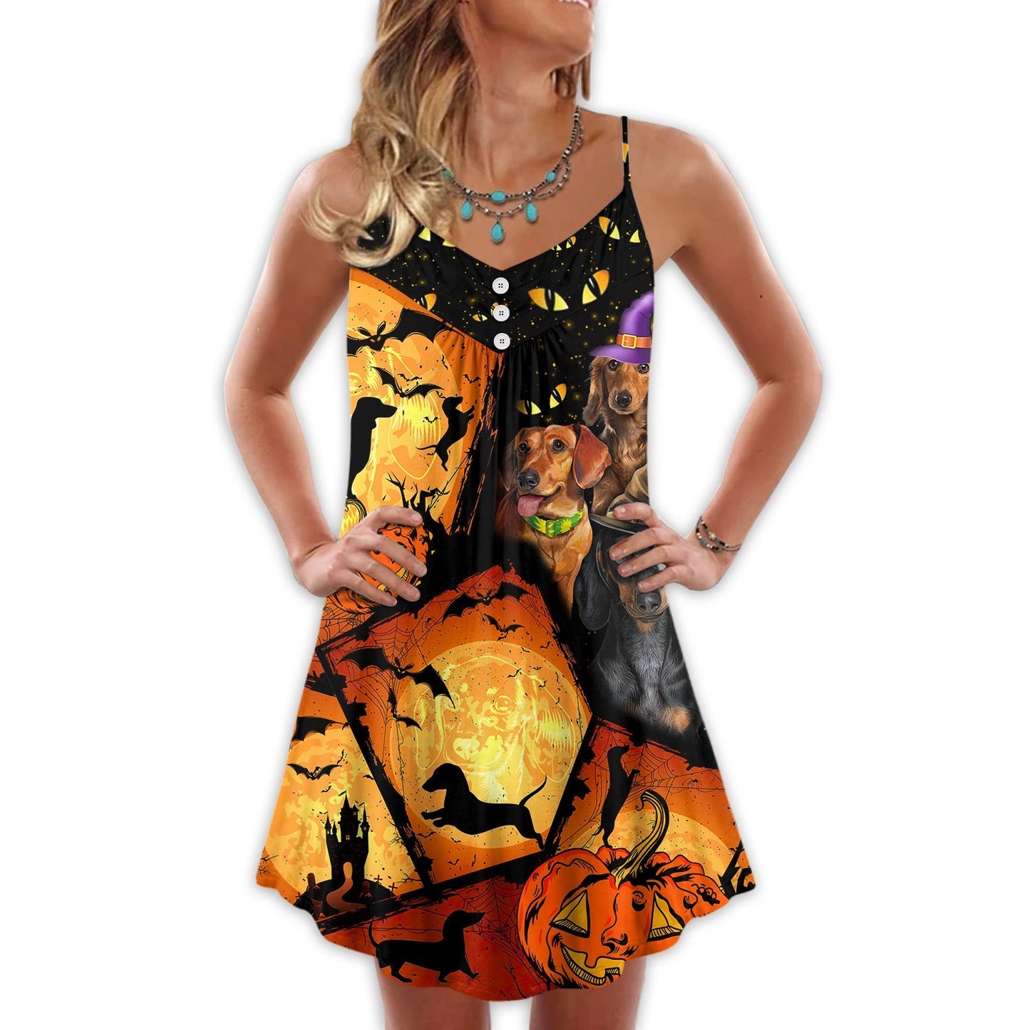 Halloween Dachshund Pumpkin Scary V-Neck Sleeveless Cami Dress For Summer Events And Comfortable Everyday Style
