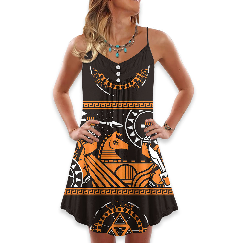 Warrior Ancient Warrior Pattern Basic V-Neck Sleeveless Cami Dress For Vacations And Casual Warm Weather Wear
