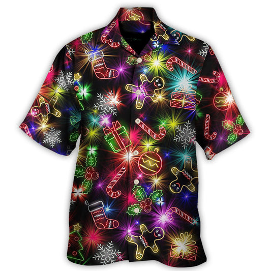 Neon Christmas Tree Gifts Gingerbread Hawaiian Shirt Design Detail For Beach Days And Holiday Travel