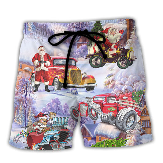Santa Hot Rod Christmas Tree Beach Shorts Design Detail For Coastal Escapes And Daily Wear