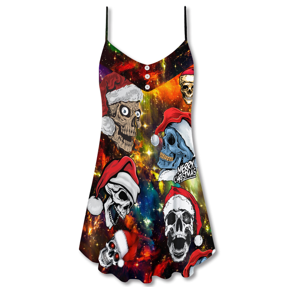 Christmas Skull Santa Hat Theme V-Neck Sleeveless Cami Dress For Festivals Travel And Relaxed Casual Summer Wear