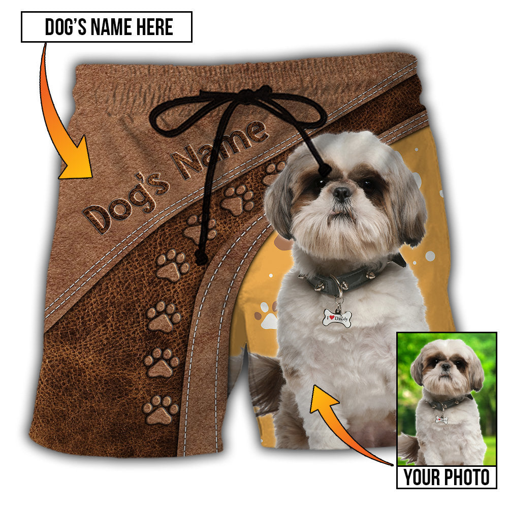 Dog Paw Brown Style Personalized Photo Beach Shorts Pattern View For Vacation Travel And Outdoor Fun