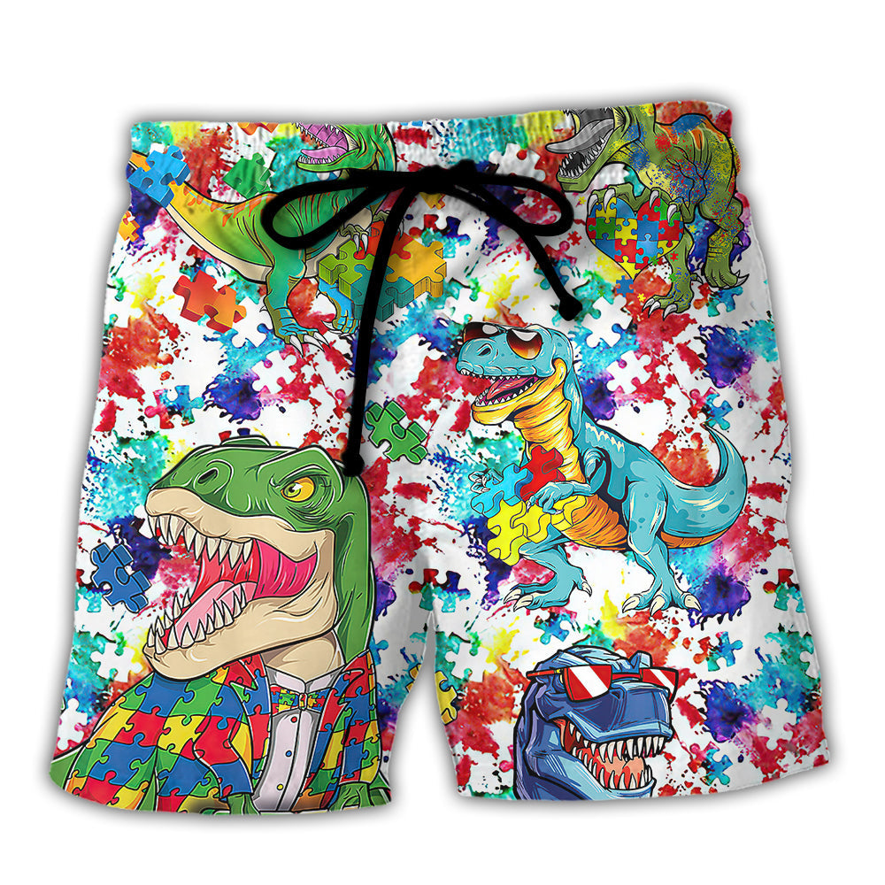 Colorful Autism Awareness Dinosaur Beach Shorts For Holiday Cruises And Relaxed Casual Wear