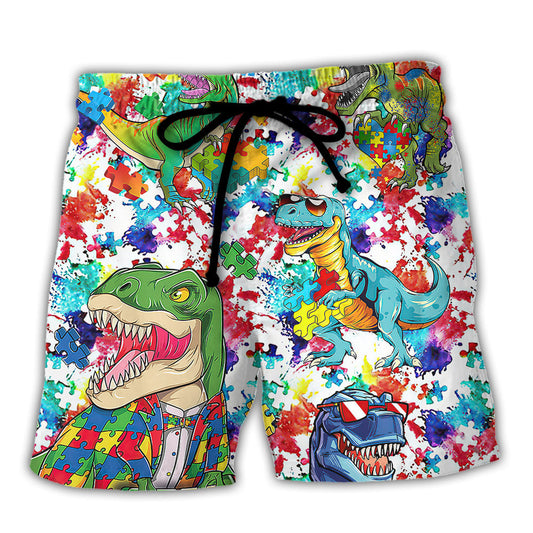 Colorful Autism Awareness Dinosaur Beach Shorts For Holiday Cruises And Relaxed Casual Wear