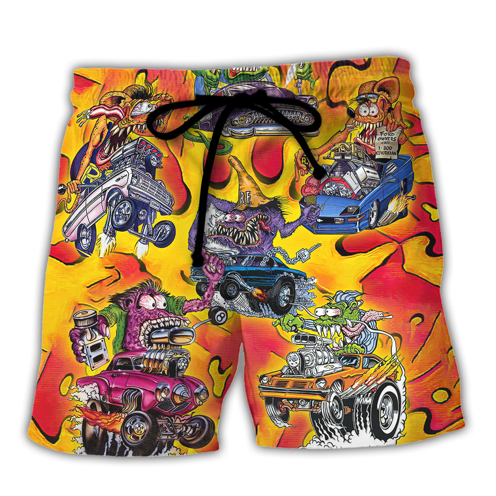Hot Rod Vintage Racing Energy Burn Beach Shorts Pattern View For Relaxed Vacation Styling