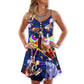 Space Galaxy Cat Ride V-Neck Sleeveless Cami Dress For Festivals And Imaginative Casual Styling