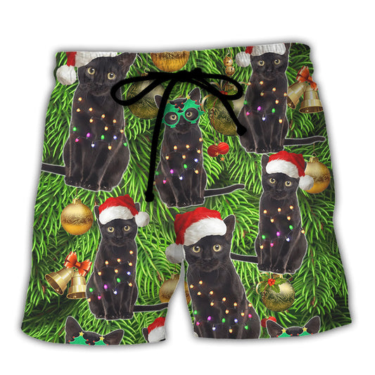 Black Cat Christmas Beach Shorts Artwork Detail For Casual Warm Weather Outfits