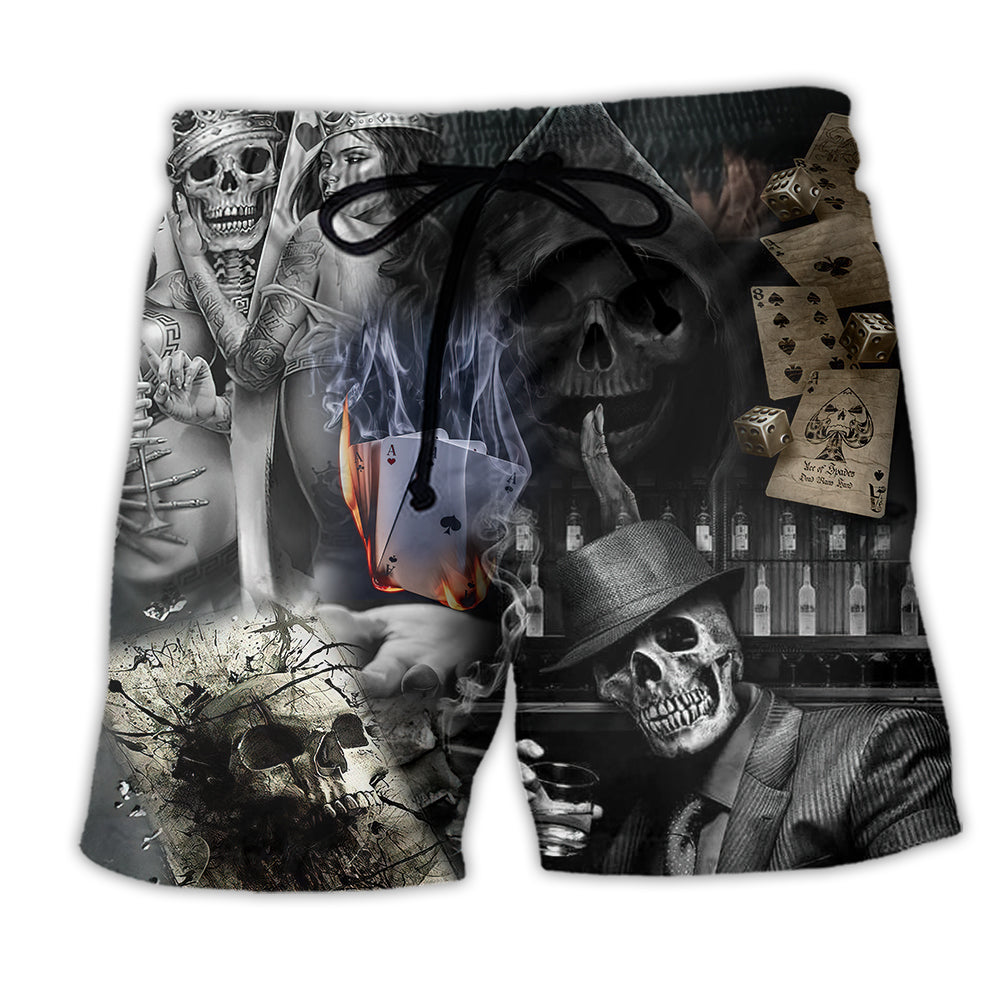 Skull Gambling Game Begins Beach Shorts Design Detail For Spooky Season Travel