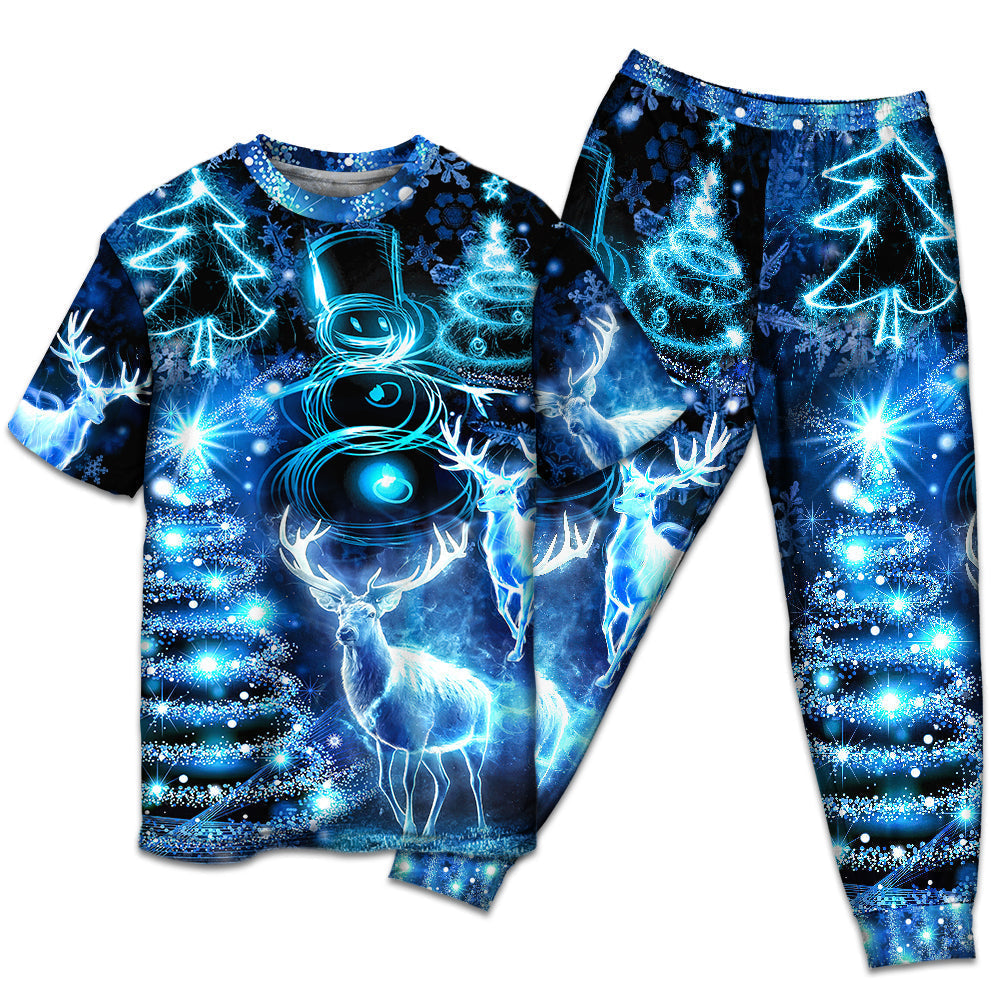 Deer Snowman Christmas Tree Lights Short Sleeve Pajamas Set For Holiday Bedtime And Cozy Home Wear