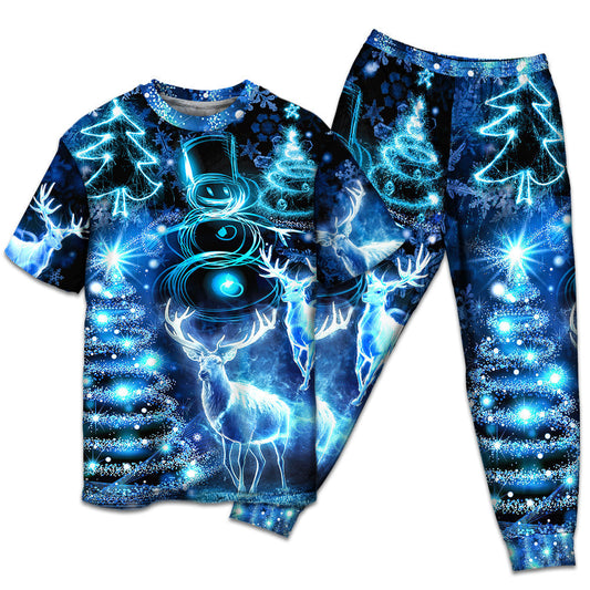 Deer Snowman Christmas Tree Lights Short Sleeve Pajamas Set For Holiday Bedtime And Cozy Home Wear