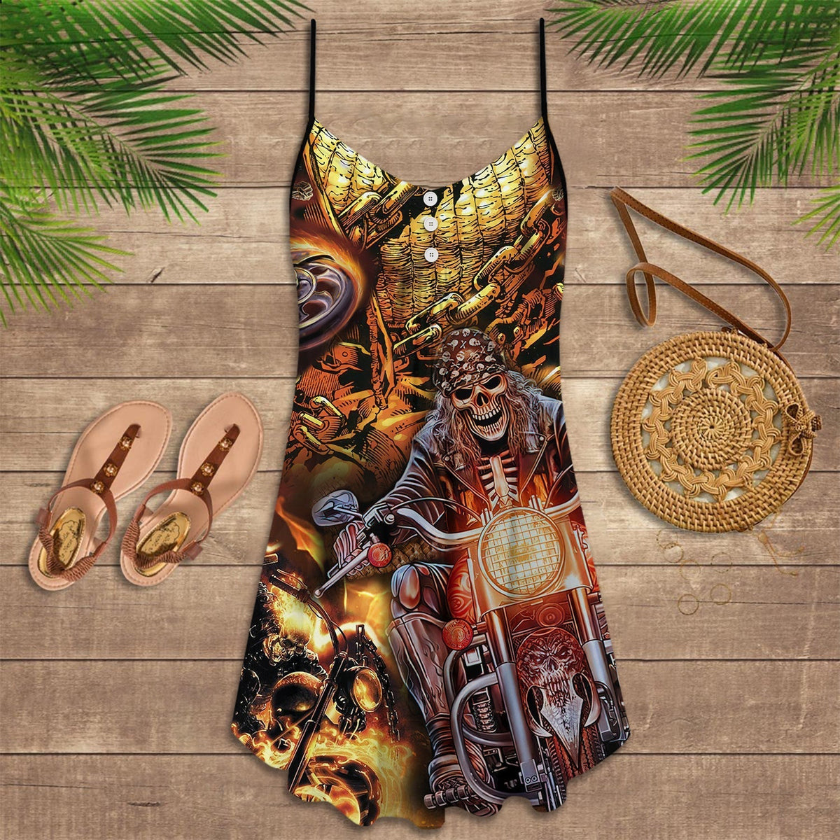 Motorcycle Skull Racing Fast V-Neck Sleeveless Cami Dress For Alternative Festivals And Bold Summer Style