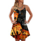Halloween Owl Pumpkin Scary V-Neck Sleeveless Cami Dress For Vacations And Casual Warm Weather Wear