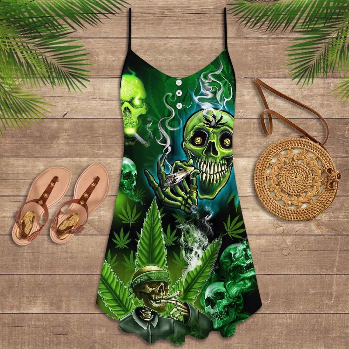 Skull High Smoke V-Neck Sleeveless Cami Dress For Halloween Gatherings And Casual Styling