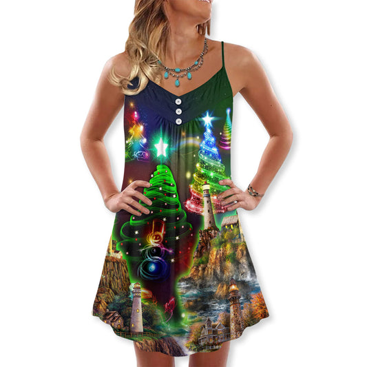 Christmas Lighthouse Merry Holiday V-Neck Sleeveless Cami Dress For Festive Events And Casual Summer Styling