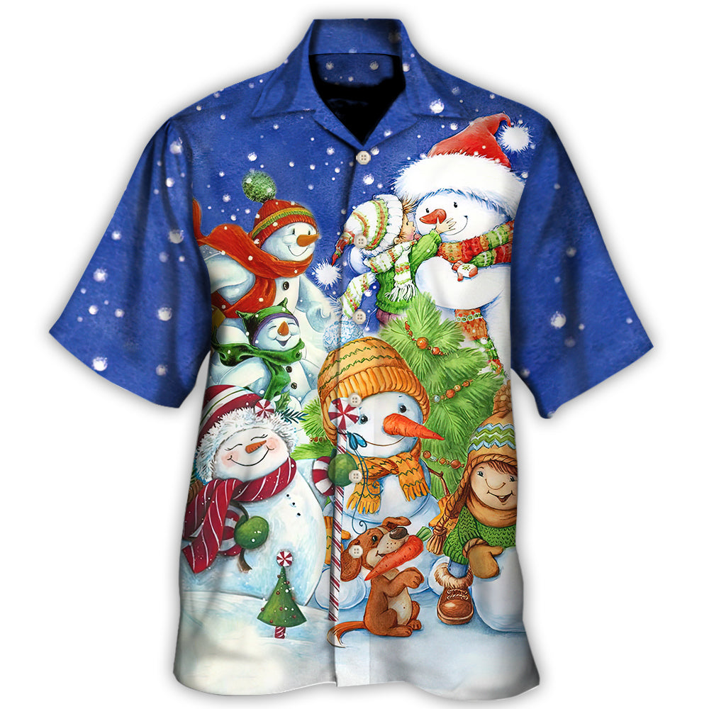 Festive Christmas Snowman Hawaiian Shirt Detailed Pattern View For Vacation Style