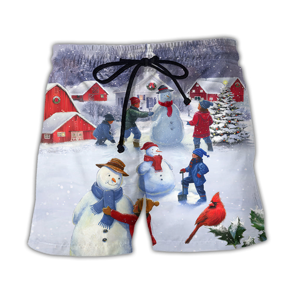 Christmas Children And Snowman In Town Beach Shorts Artwork Detail For Christmas Trips And Gifting