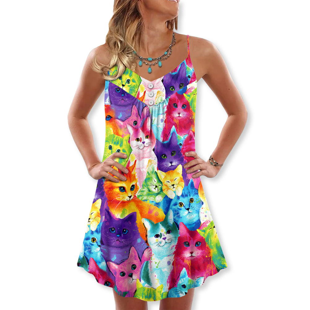 Colorful Cute Kitten Happy Life V-Neck Sleeveless Cami Dress For Festivals Travel And Relaxed Casual Summer Wear