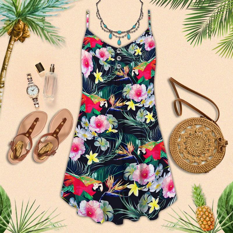 Parrot Loves Tropical V-Neck Sleeveless Cami Dress For Beach Trips And Resort Vacations